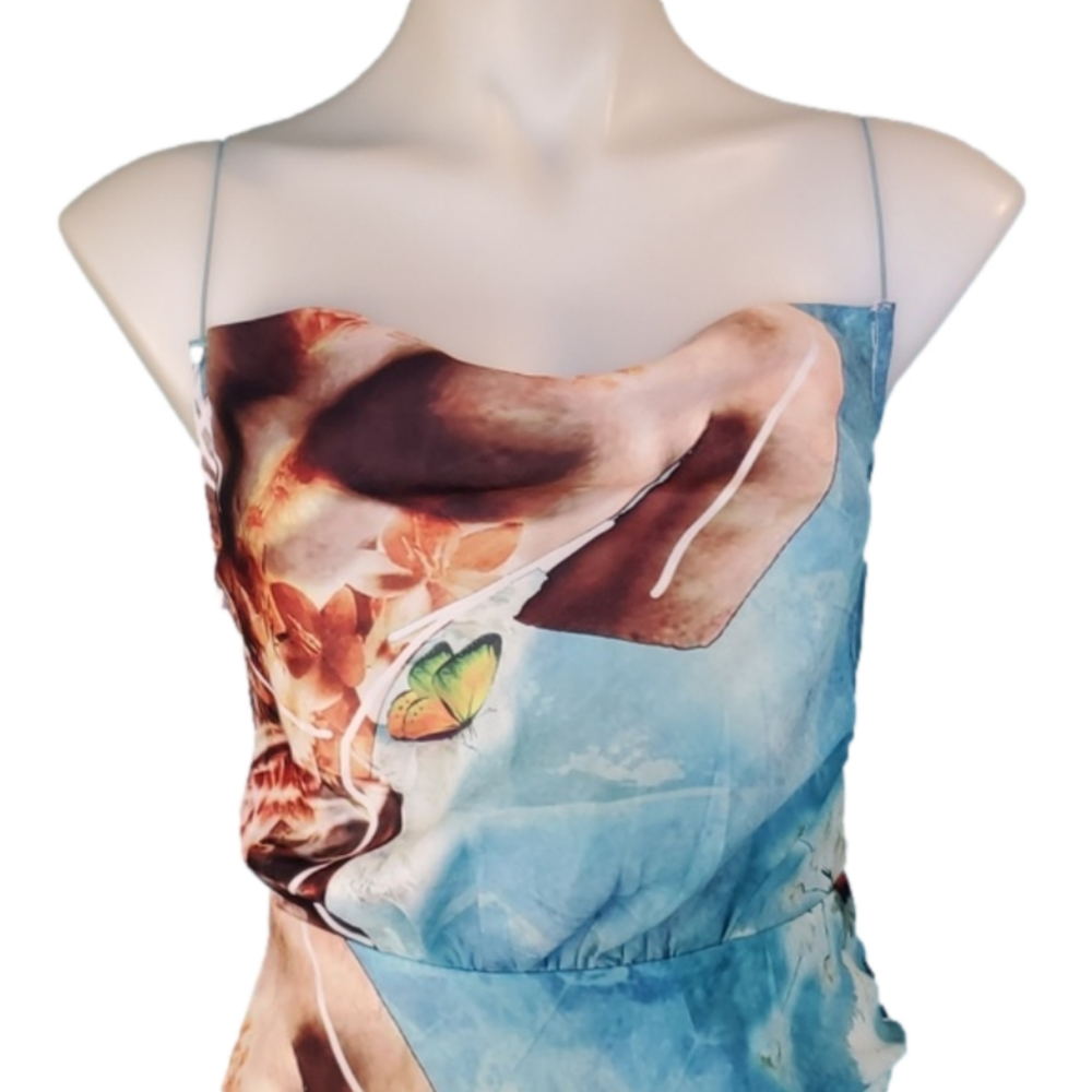 Pretty Little Thing terracotta red turqouise butterfly & roses draped mini Dress